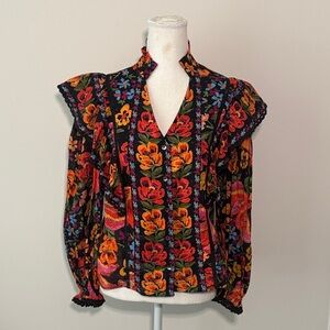 Farm Rio Spring Floral Banana Cotton Blouse  Size Small